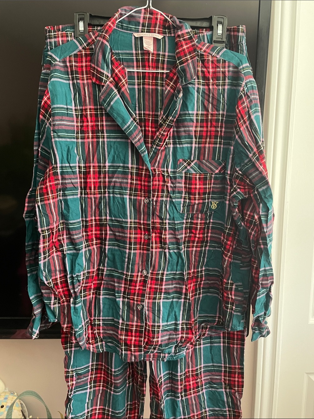 Vintage Victoria’s Secret Tartan Plaid Flannel Pajama Set – Teal Green & Red